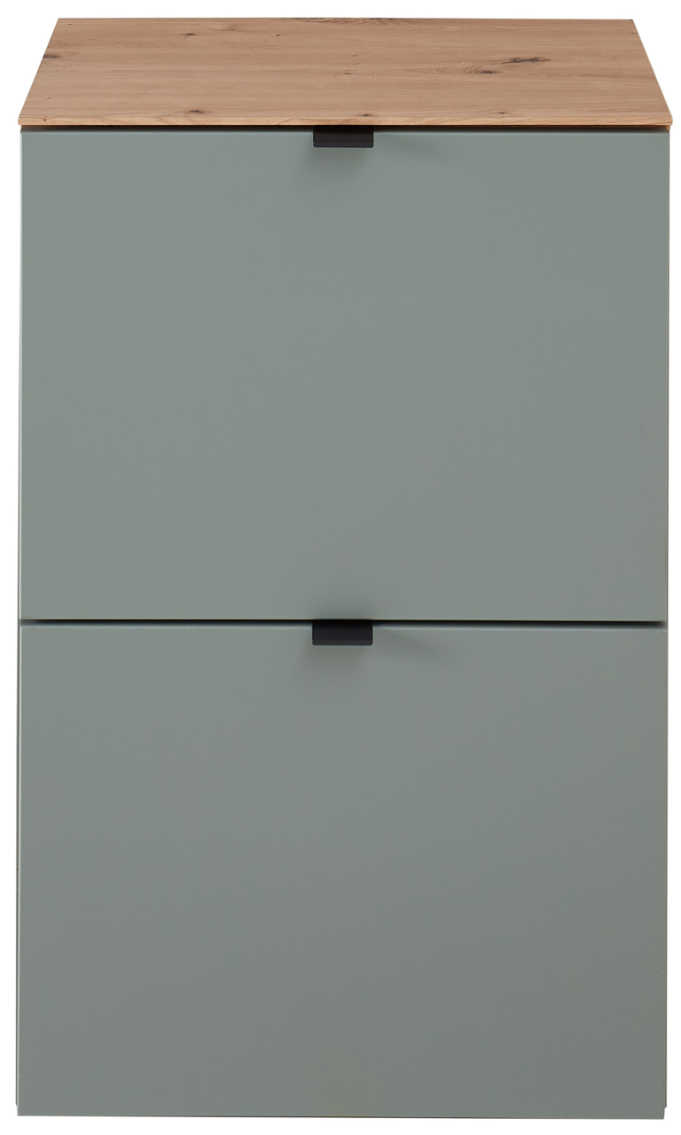 Frontansicht eines schmalen Hängeschuhschranks mit zwei Klappen in grauer Farbe und einer Holzoberfläche.