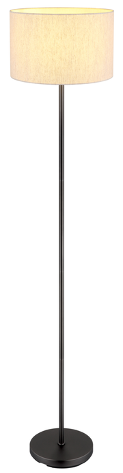 Moderne Stehleuchte mit schwarzem Ständer und hellem, zylindrischem Lampenschirm, frontal abgebildet.