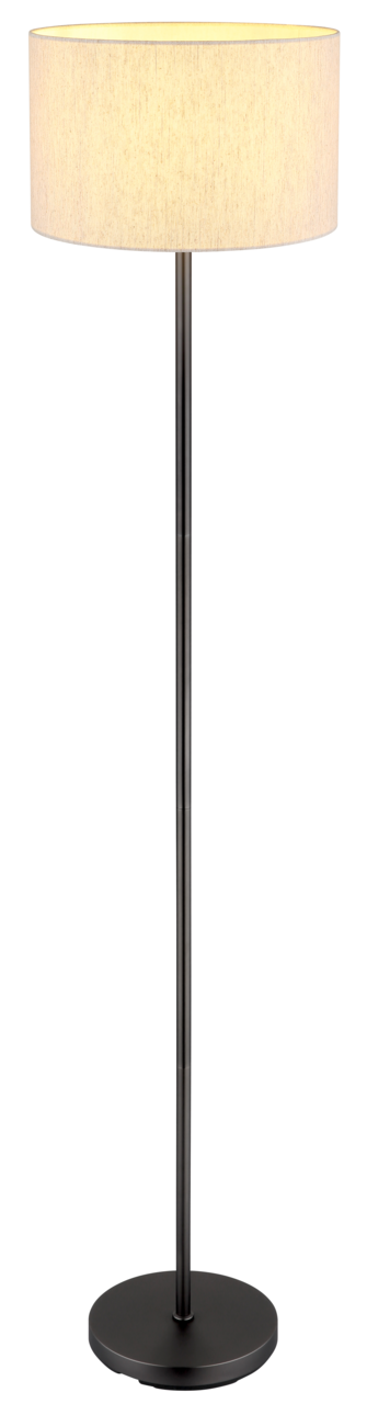 Moderne Stehleuchte mit schwarzem Ständer und hellem, zylindrischem Lampenschirm, frontal abgebildet.