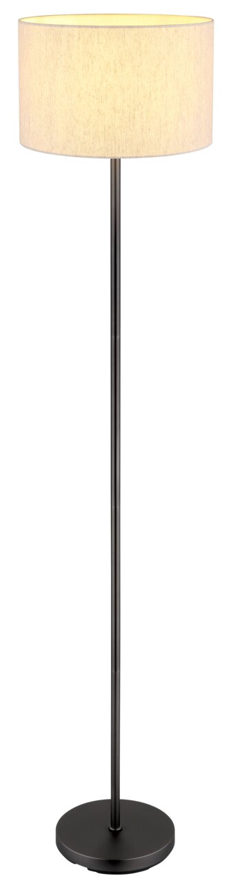 Moderne staande lamp met een zwarte voet en een lichte, cilindervormige lampenkap, van voren afgebeeld.