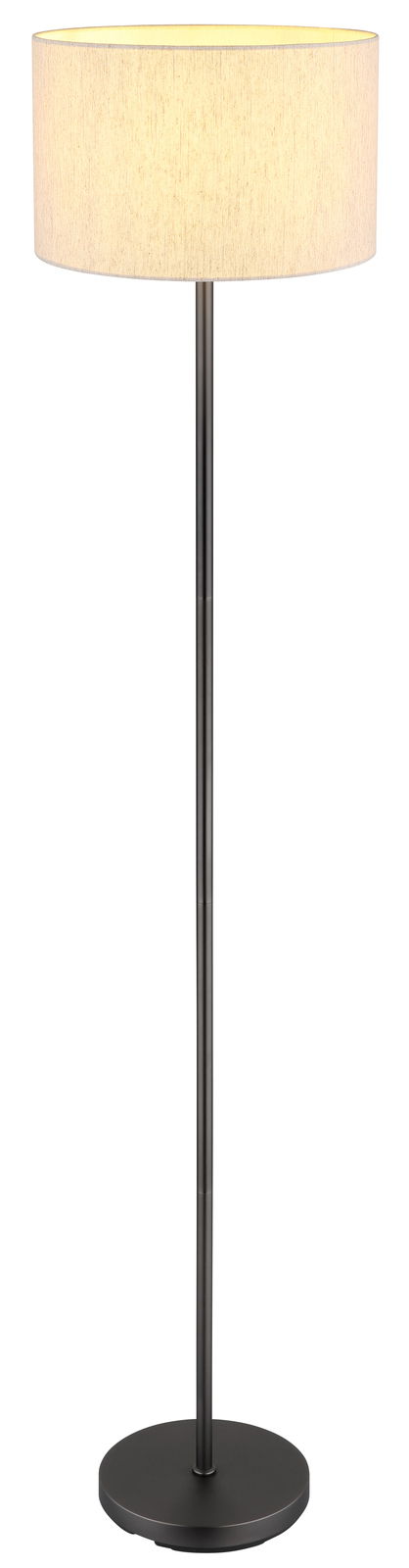 Moderne Stehleuchte mit schwarzem Ständer und hellem, zylindrischem Lampenschirm, frontal abgebildet.