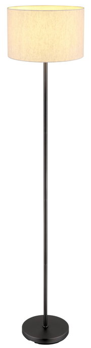Moderne staande lamp met een zwarte voet en een lichte, cilindervormige lampenkap, van voren afgebeeld.