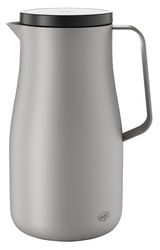 Silberne Isolierkanne Studio mit schwarzem Deckel und Griff, seitliche Perspektive