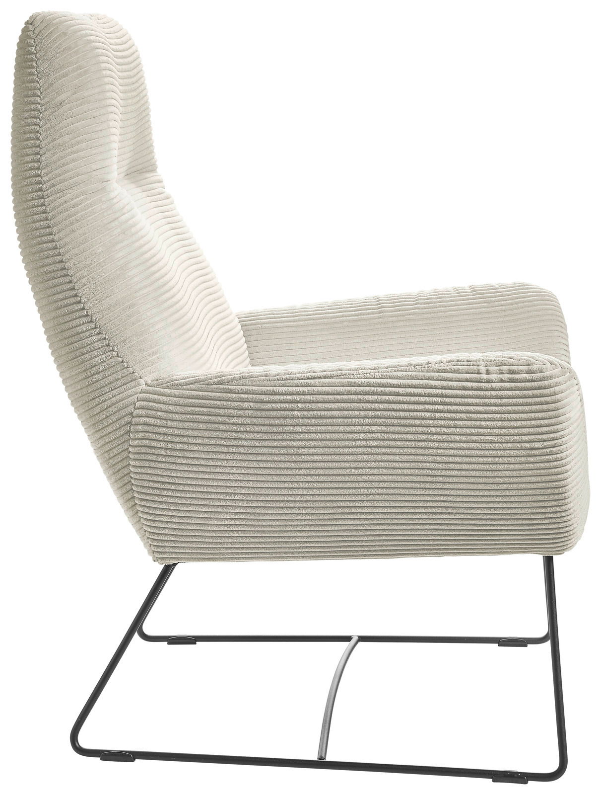 Moderner Sessel mit geripptem Stoffbezug in Seitenansicht, auf schlanken Metallbeinen.
