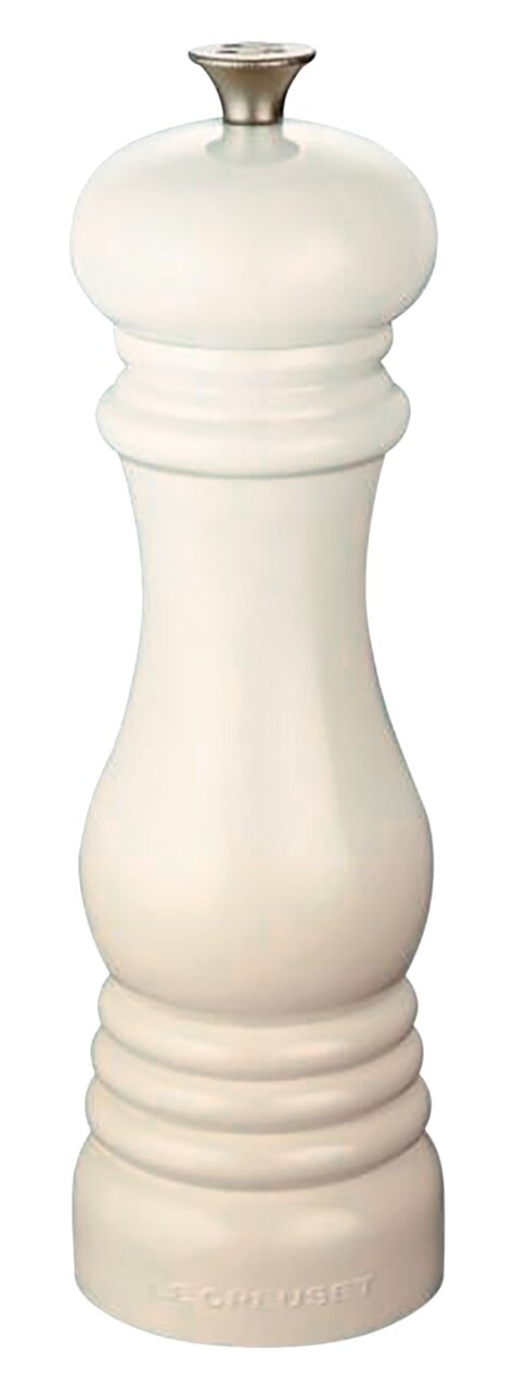 Weiße Salzmühle aus Keramik, 21 cm hoch, mit elegantem Design und Metallknopf, seitliche Perspektive.