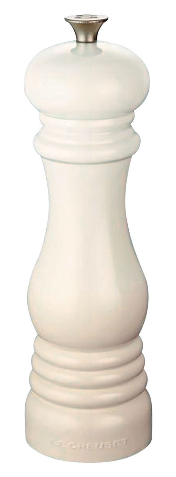 Weiße Salzmühle aus Keramik, 21 cm hoch, mit elegantem Design und Metallknopf, seitliche Perspektive.