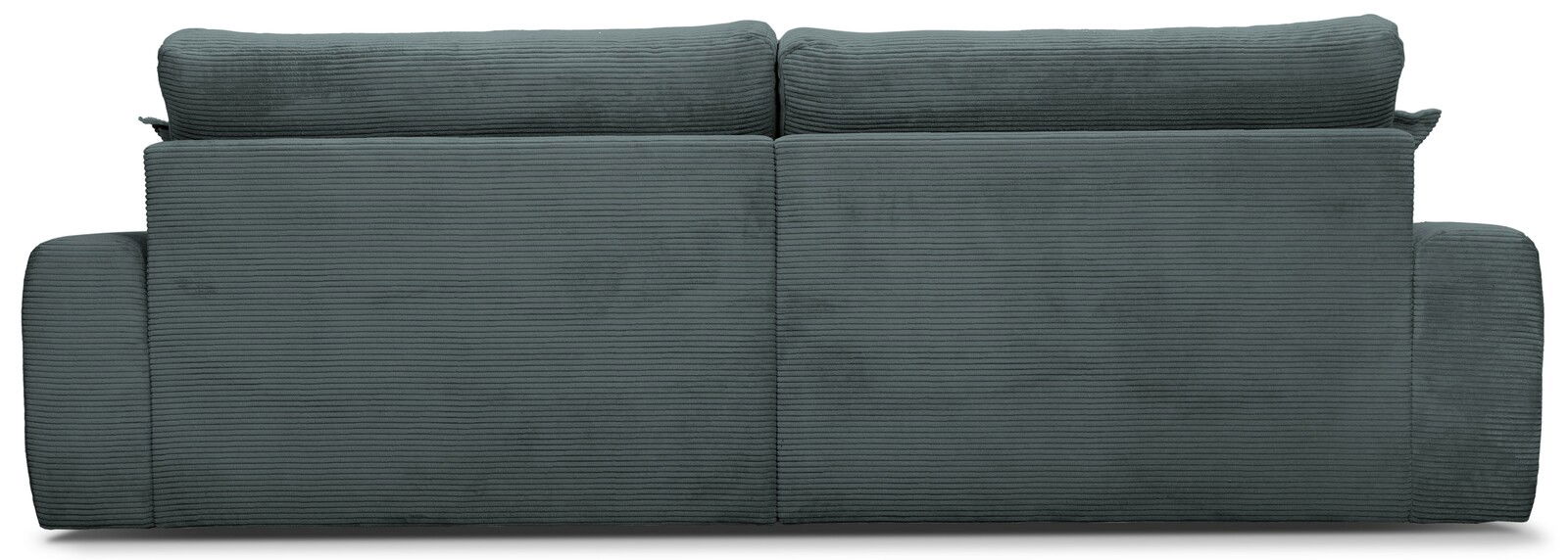 Rückansicht eines großen, dunkelgrauen Sofas mit geripptem Stoffbezug.