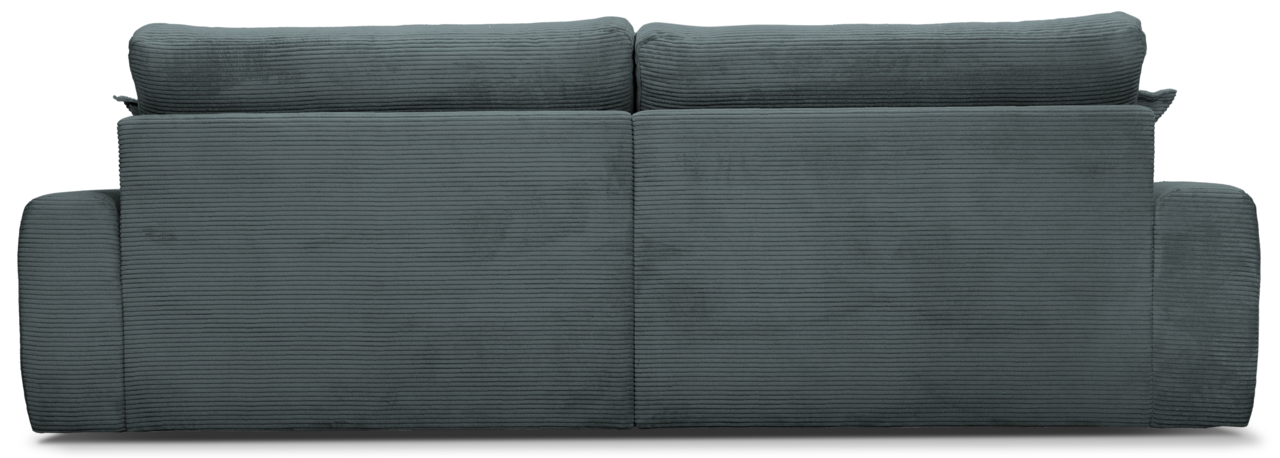 Rückansicht eines großen, dunkelgrauen Sofas mit geripptem Stoffbezug.