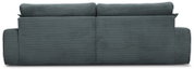 Rückansicht eines großen, dunkelgrauen Sofas mit geripptem Stoffbezug.