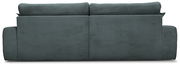 Rückansicht eines großen, dunkelgrauen Sofas mit geripptem Stoffbezug.