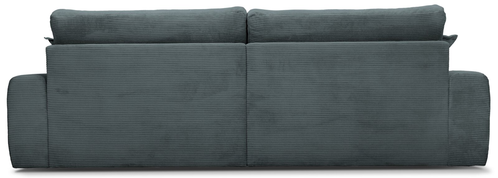 Rückansicht eines großen, dunkelgrauen Sofas mit geripptem Stoffbezug.