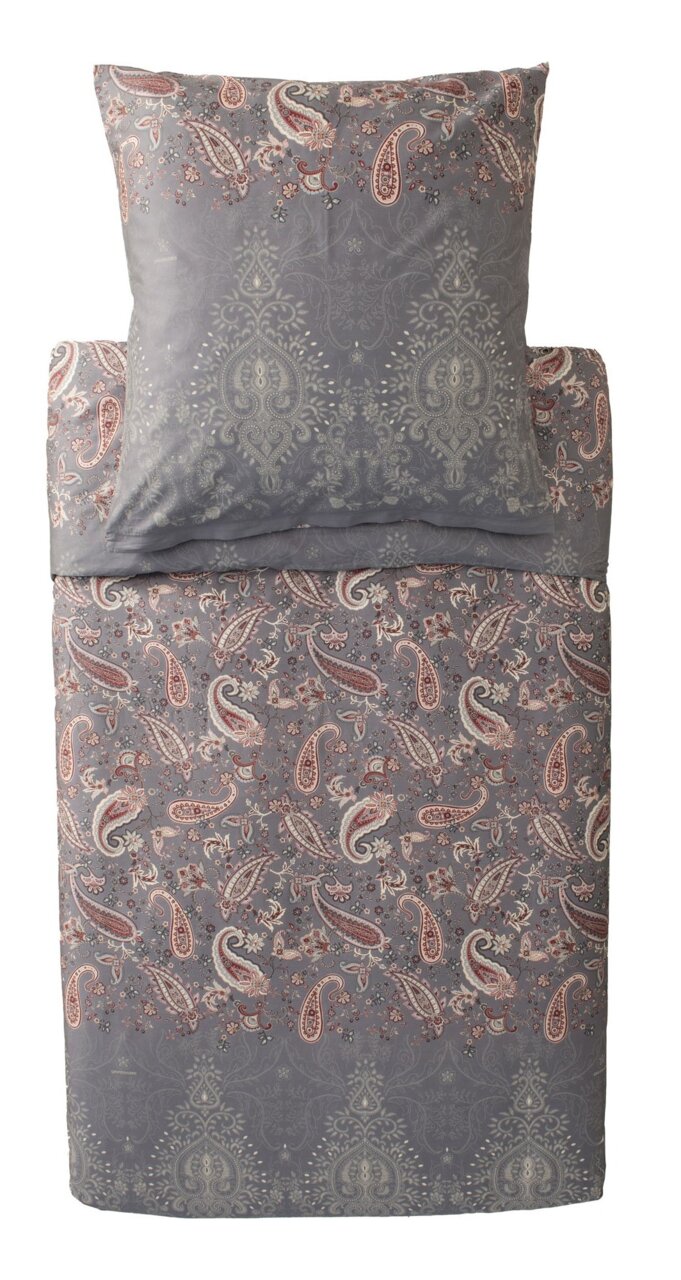Bettwäsche-Set mit Paisley-Muster in Grau- und Rottönen, Ansicht von oben