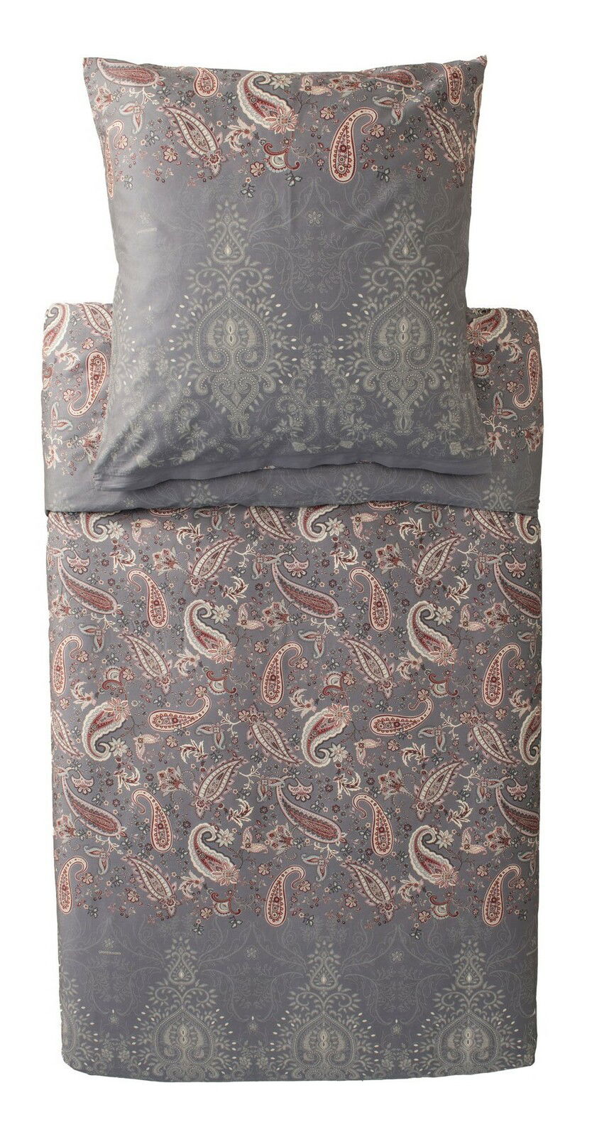 Bettwäsche-Set mit Paisley-Muster in Grau- und Rottönen, Ansicht von oben