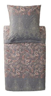 Bettwäsche-Set mit Paisley-Muster in Grau- und Rottönen, Ansicht von oben