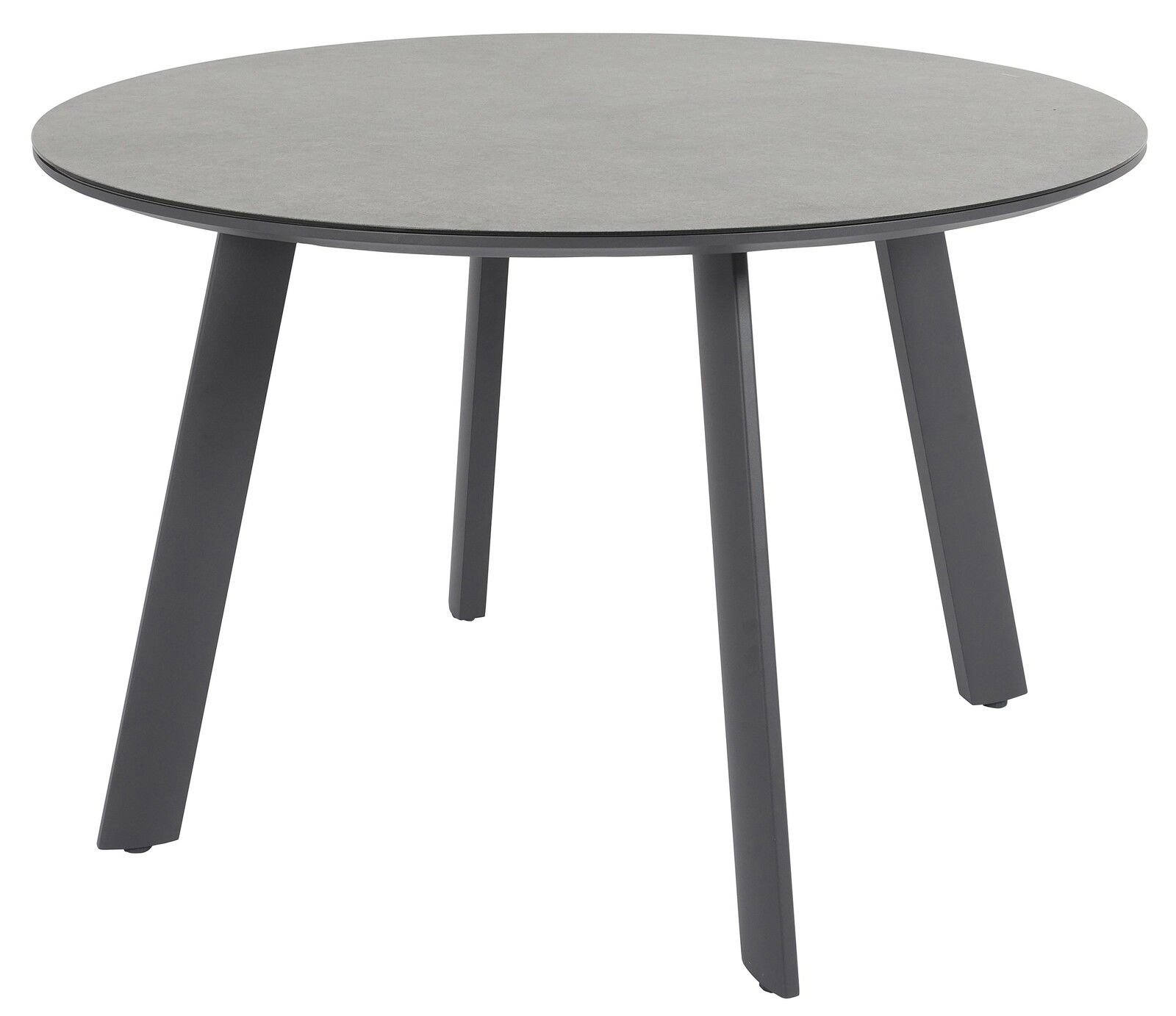 Runder Gartentisch mit grauer Tischplatte und schwarzen Beinen, seitliche Perspektive