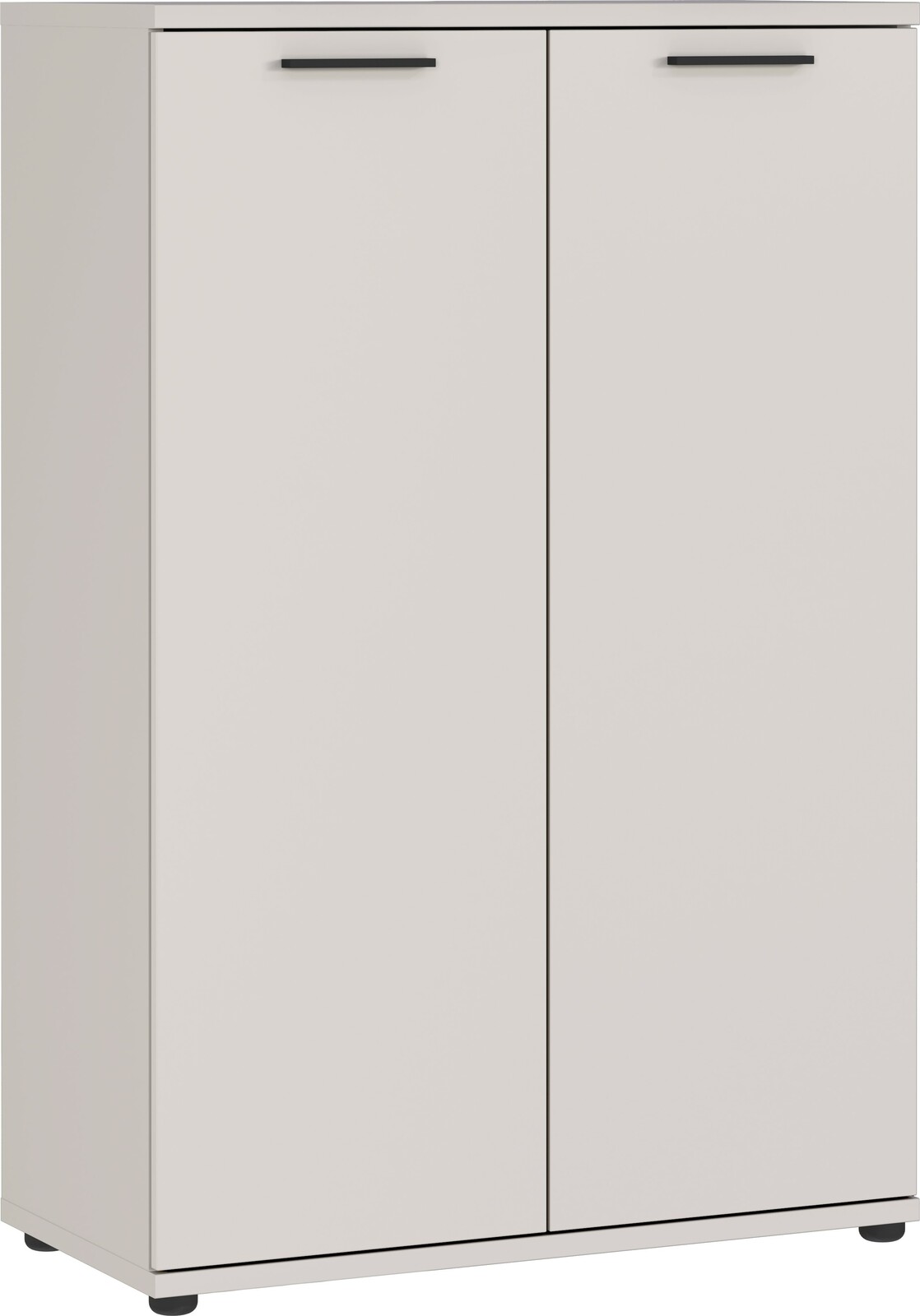 Aktenschrank mit zwei Türen, frontal fotografiert, in schlichtem Design mit schwarzen Griffen.