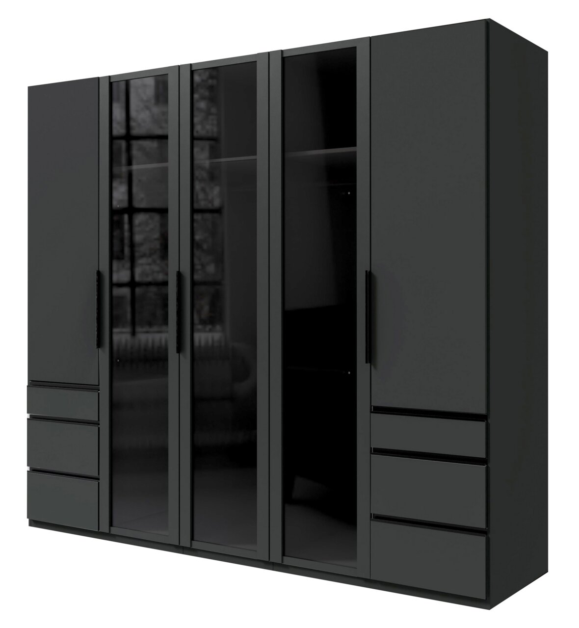 Moderner 5-türiger Drehtürenschrank in dunklem Design mit Glasfronten und Schubladen, seitliche Perspektive.