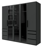 Moderner 5-türiger Drehtürenschrank in dunklem Design mit Glasfronten und Schubladen, seitliche Perspektive.