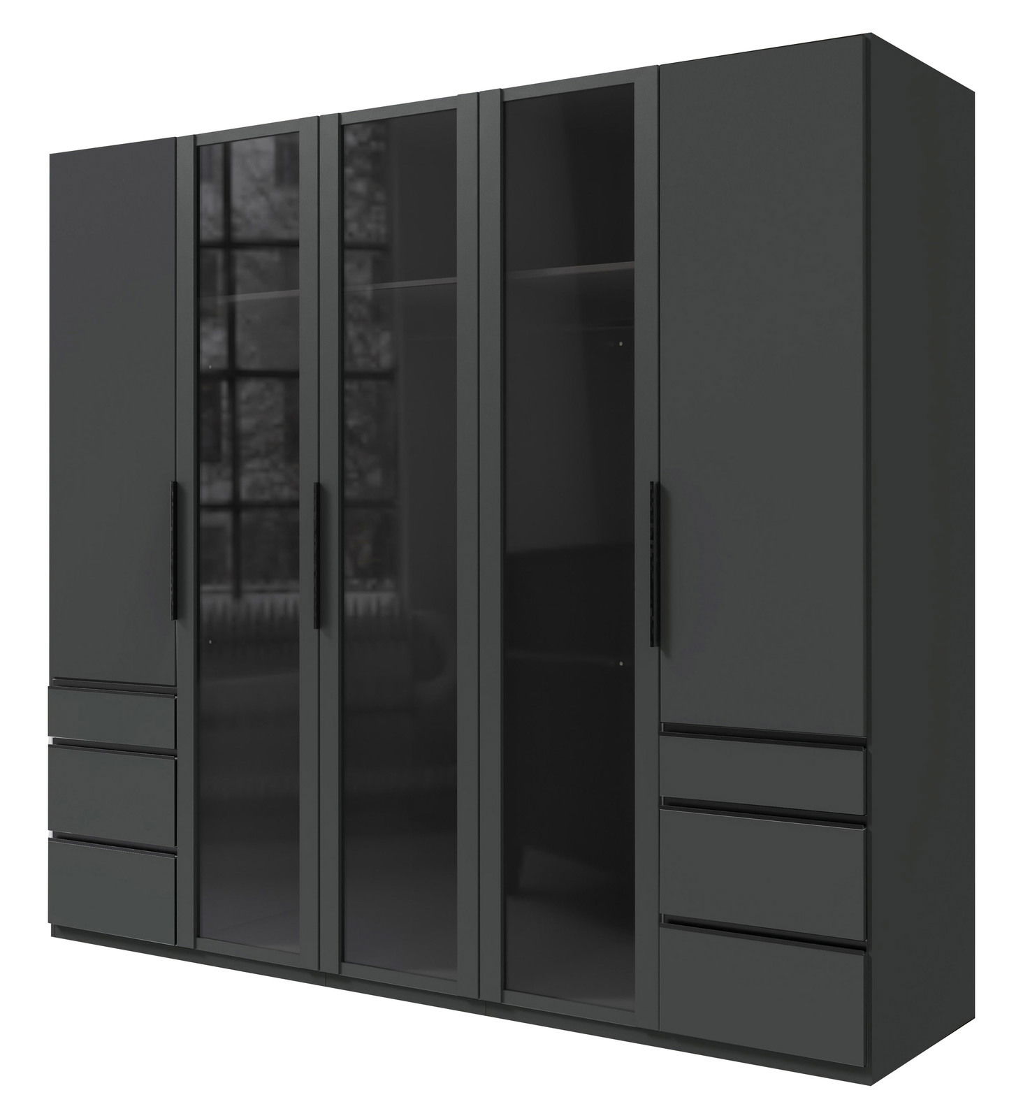 Moderner 5-türiger Drehtürenschrank in dunklem Design mit Glasfronten und Schubladen, seitliche Perspektive.