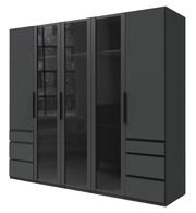 Moderner 5-türiger Drehtürenschrank in dunklem Design mit Glasfronten und Schubladen, seitliche Perspektive.
