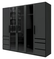 Moderner 5-türiger Drehtürenschrank in dunklem Design mit Glasfronten und Schubladen, seitliche Perspektive.