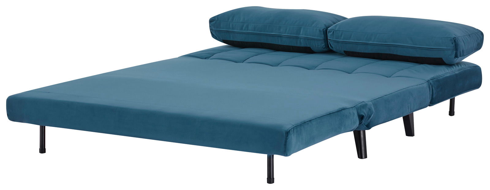 Blaues Funktionssofa in Bettposition, seitliche Perspektive