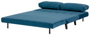 Blaues Funktionssofa in Bettposition, seitliche Perspektive