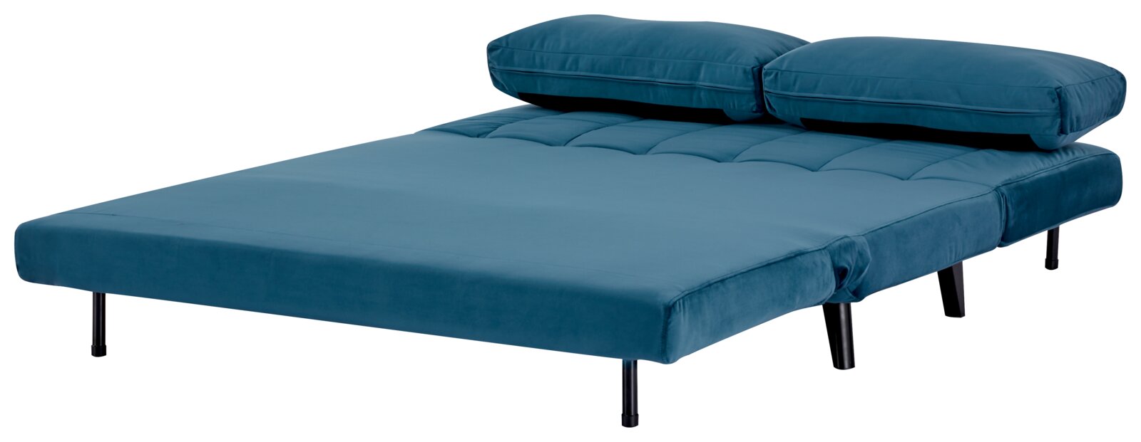 Blaues Funktionssofa in Bettposition, seitliche Perspektive