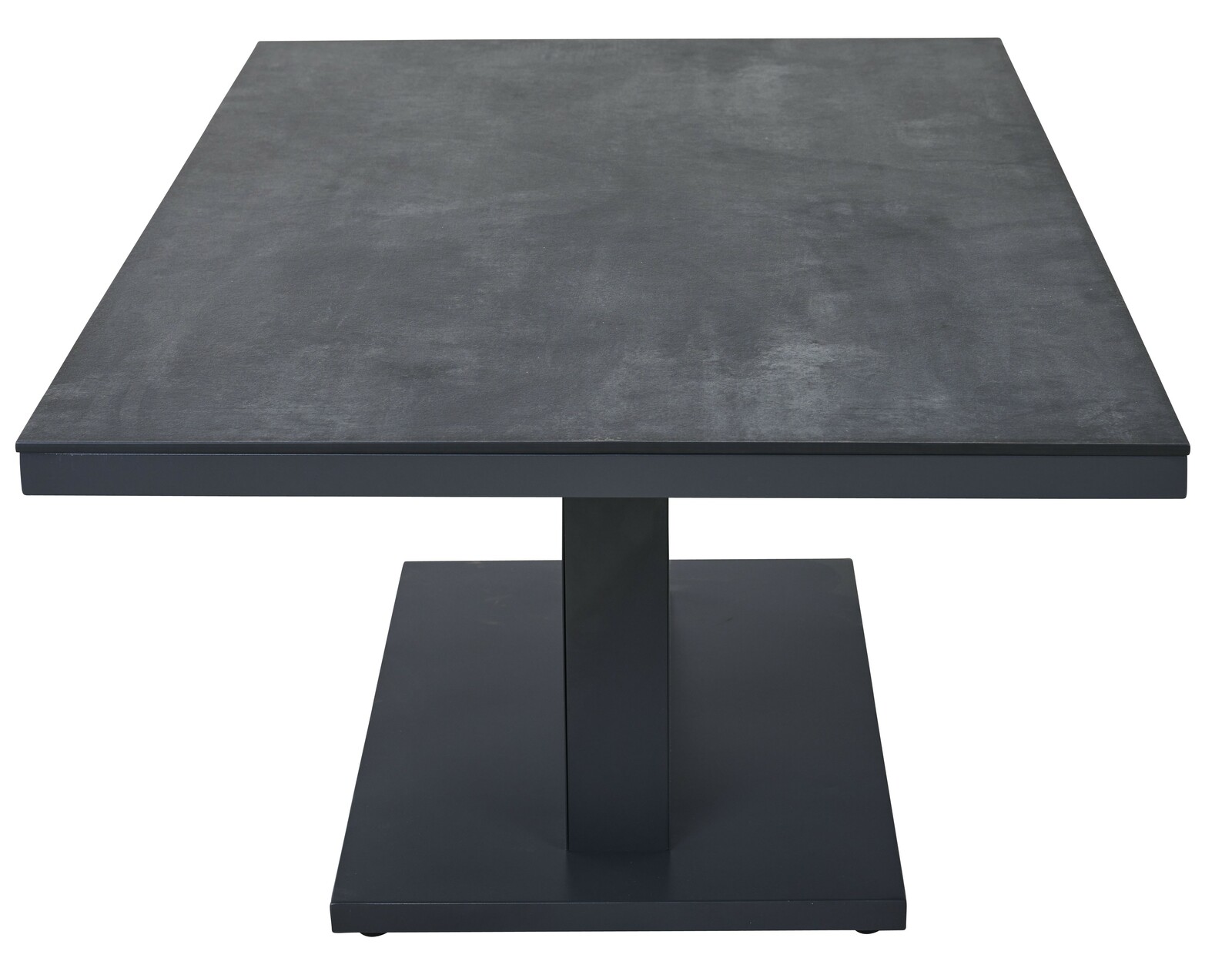 Moderner Garten E-Lifttisch in dunklem Design, frontal von der Seite betrachtet.