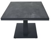 Moderner Garten E-Lifttisch in dunklem Design, frontal von der Seite betrachtet.