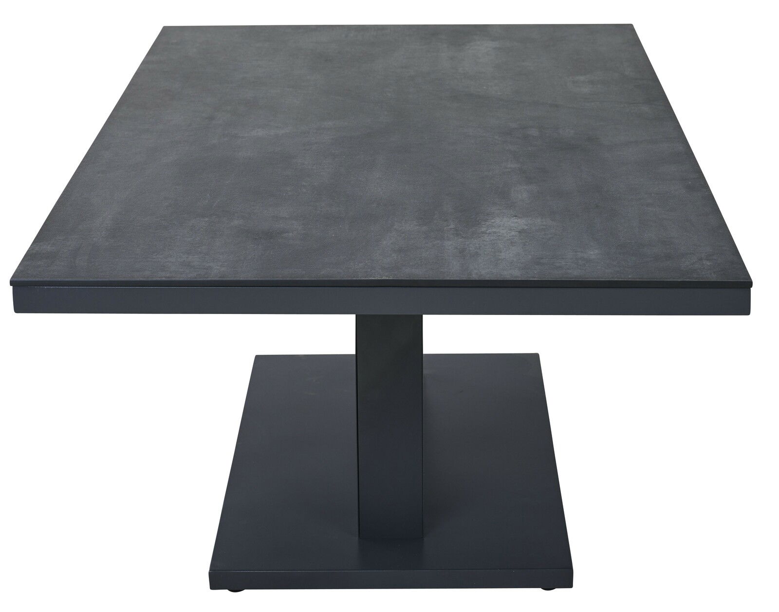 Moderner Garten E-Lifttisch in dunklem Design, frontal von der Seite betrachtet.