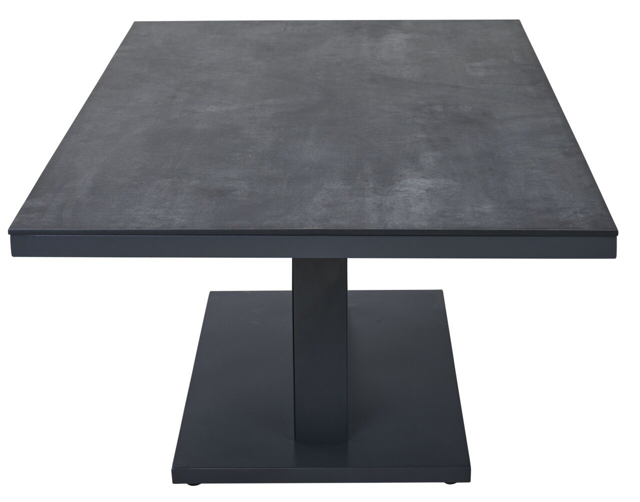 Moderne E-lifttafel voor in de tuin in een donkere uitvoering, van opzij gezien.
