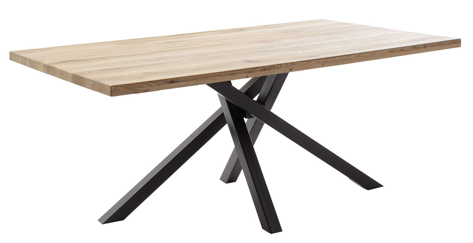 Moderner Esstisch mit Holzplatte und schwarzen Metallbeinen, seitliche Perspektive