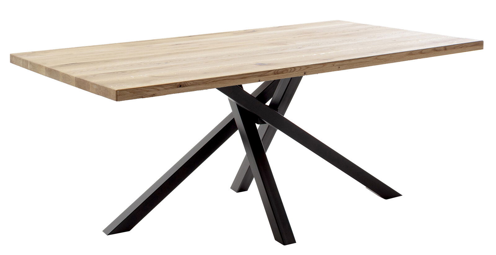 Moderner Esstisch mit Holzplatte und schwarzen Metallbeinen, seitliche Perspektive