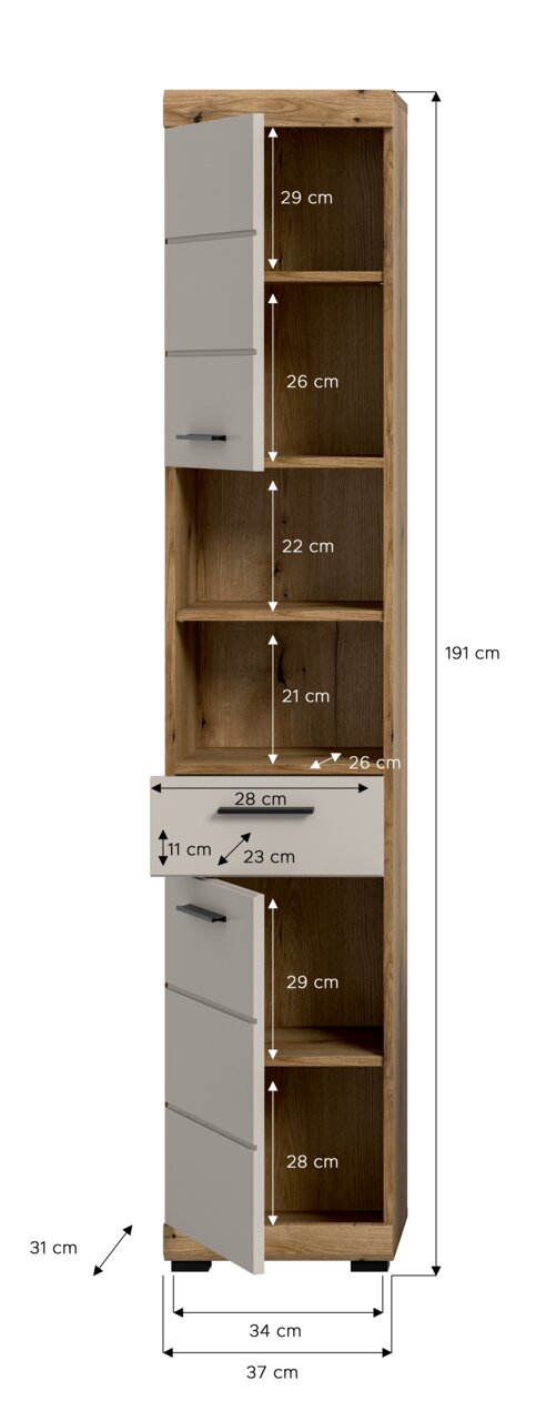 Hoher, schmaler Bad-Hochschrank in Holzoptik mit grauen Fronten, zwei Türen und einer Schublade, offene Fächer mit Maßangaben; Frontansicht leicht schräg von vorn.