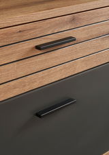 Nahaufnahme eines Möbelstücks mit Holzoptik und schwarzen Griffen, perspektivisch von vorne aufgenommen.