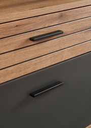 Nahaufnahme eines Möbelstücks mit Holzoptik und schwarzen Griffen, perspektivisch von vorne aufgenommen.