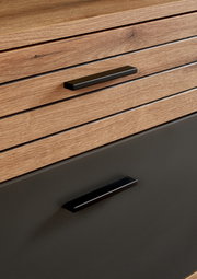 Nahaufnahme eines Möbelstücks mit Holzoptik und schwarzen Griffen, perspektivisch von vorne aufgenommen.
