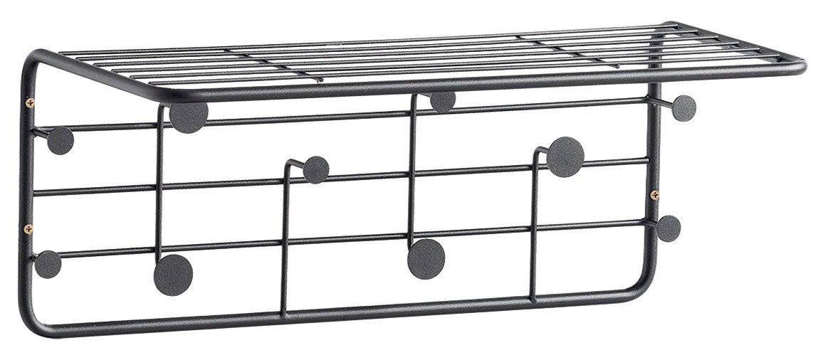 Schwarze Wandgarderobe aus Metall mit mehreren Haken und einem oberen Regal, seitliche Perspektive