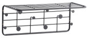 Schwarze Wandgarderobe aus Metall mit mehreren Haken und einem oberen Regal, seitliche Perspektive