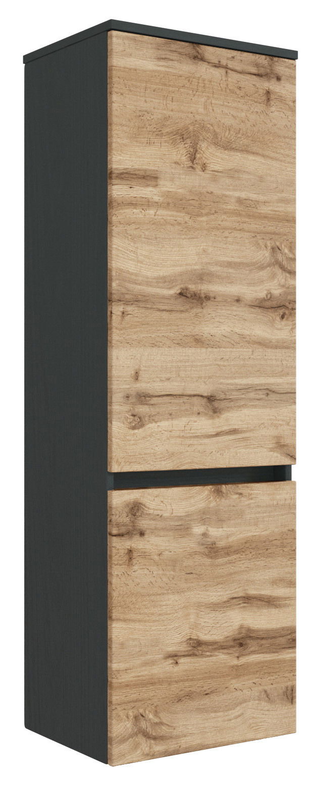 Moderner Midischrank mit Holzoptik und dunklen Seiten, seitliche Perspektive