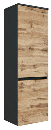 Moderner Midischrank mit Holzoptik und dunklen Seiten, seitliche Perspektive