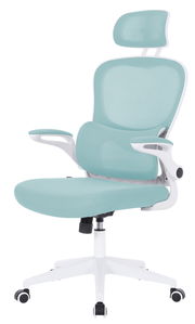 Moderner Drehstuhl in hellblauem Stoff mit ergonomischer Rückenlehne und verstellbarer Kopfstütze, seitliche Ansicht