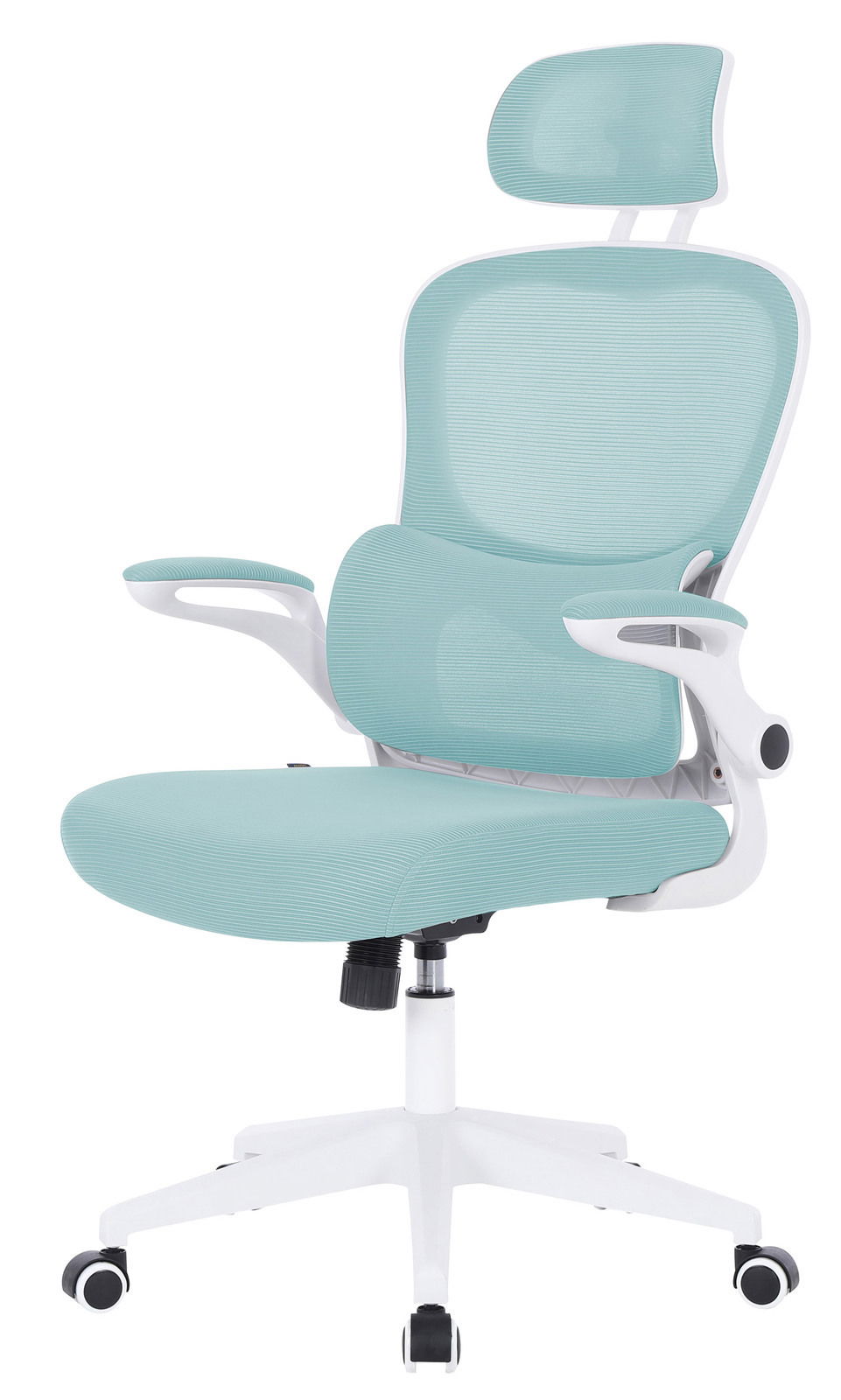 Moderner Drehstuhl in hellblauem Stoff mit ergonomischer Rückenlehne und verstellbarer Kopfstütze, seitliche Ansicht