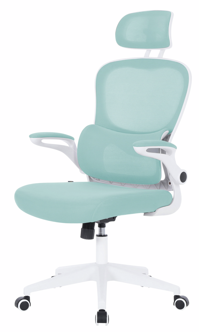 Moderner Drehstuhl in hellblauem Stoff mit ergonomischer Rückenlehne und verstellbarer Kopfstütze, seitliche Ansicht