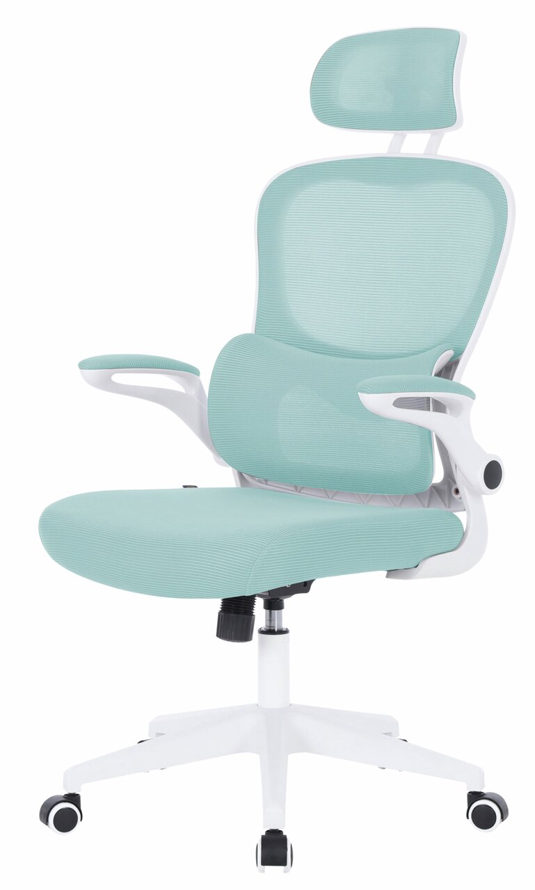 Moderner Drehstuhl in hellblauem Stoff mit ergonomischer Rückenlehne und verstellbarer Kopfstütze, seitliche Ansicht