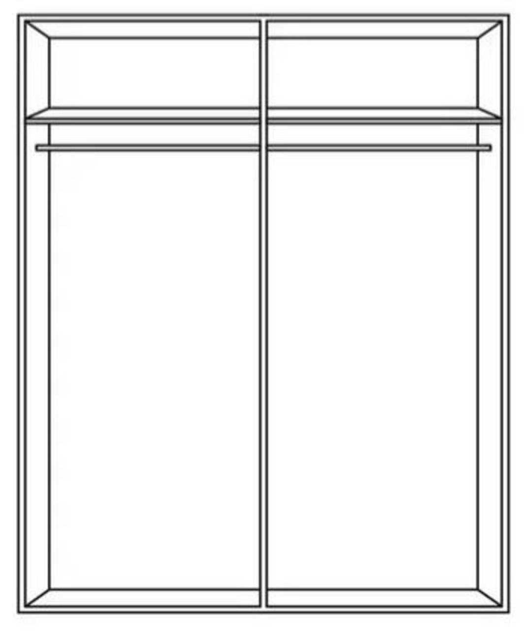 Frontansicht eines 4-türigen Drehtürenschranks mit zwei Kleiderstangen und zwei oberen Ablagefächern.