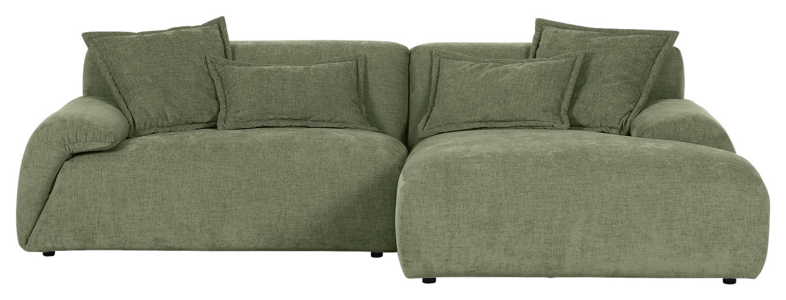 Grünes Sofa mit runden Ecken und mehreren Kissen, Frontalansicht