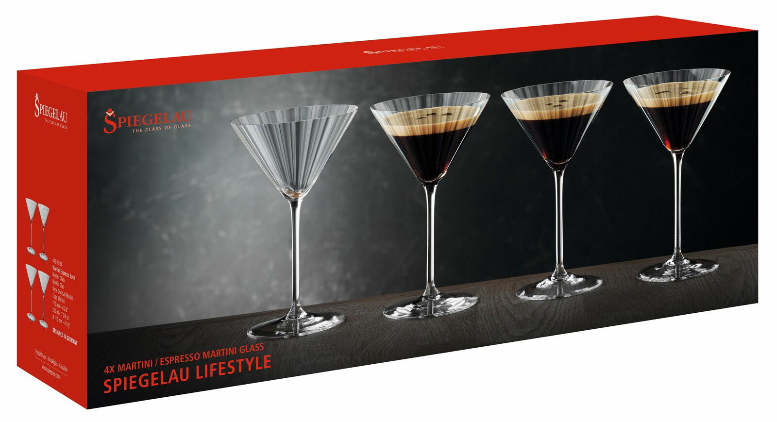 Vier Martini-Gläser aus der Spiegelau Lifestyle Serie, frontal präsentiert in einer eleganten Verpackung.