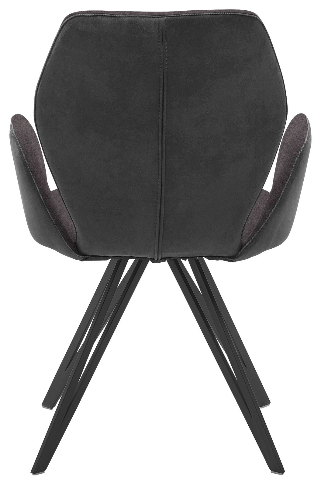 Rückansicht eines modernen Armlehnenstuhls mit schwarzem Bezug und Metallbeinen.